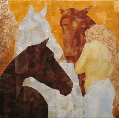 Acrylbild einer Frau in Rückenansicht mit drei Pferdesilhouetten vor goldenen und silbernen Strukturen, 
      inspiriert duch Epona, die Göttin der Pferde